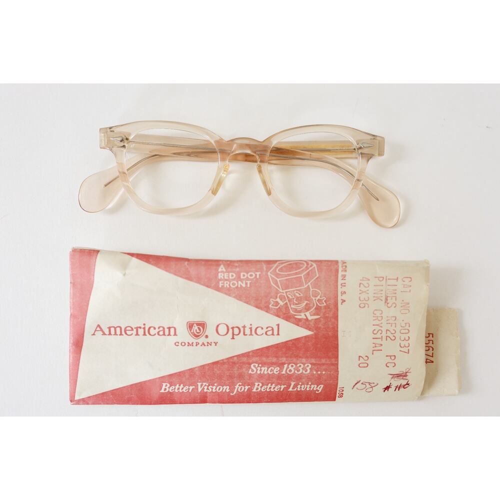 Vintage American Optical eyeglass 1960s NOS USA sleeve Red Dot Pink Crystal AO